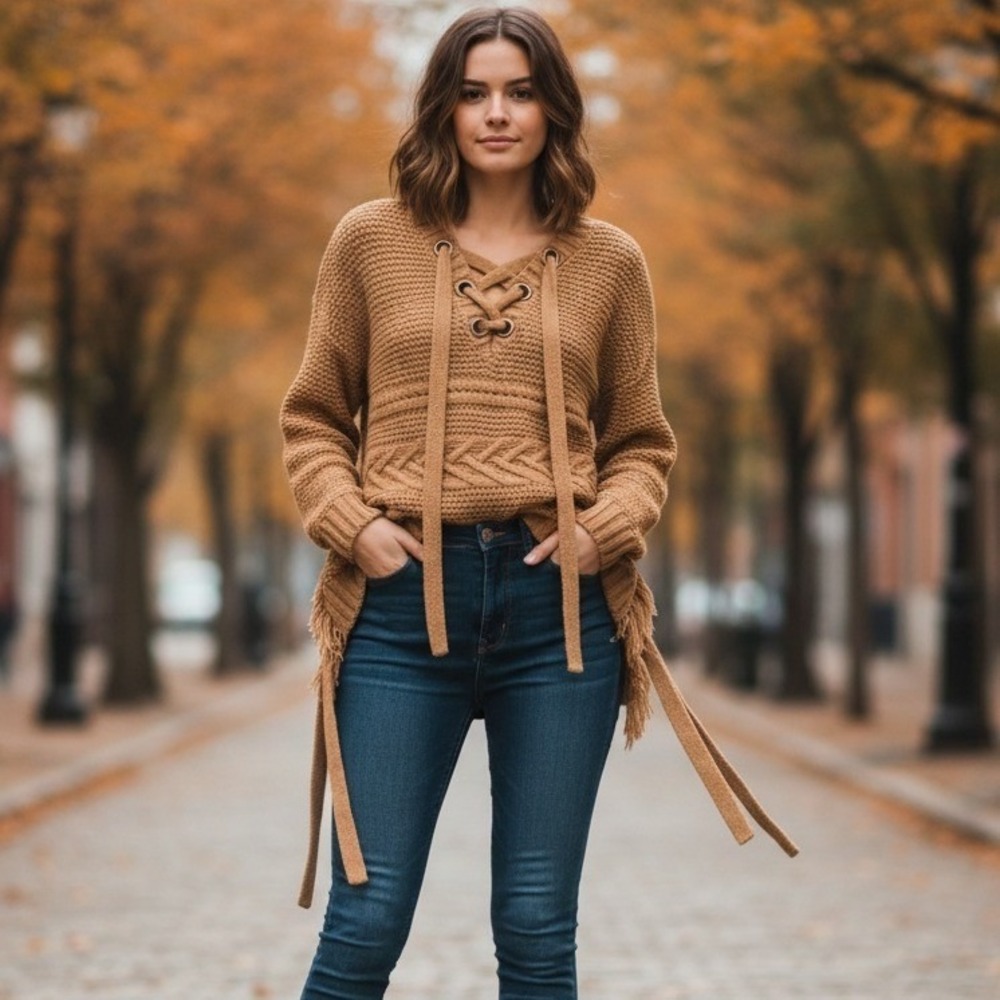 Moon‎ River Lace Up Knit Fringe Sweater Women's Large Brown Boho Vacation Travel